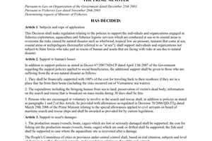 Decision No. 118/2007/QD-TTg of July 25, 2007, regarding policy supporting fishers to overcome the at-sea risks caused by natural disaster
