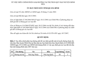 Quyết định 14/2007/QĐ-UBND phân loại đường thị trấn Quy Đạt huyện Minh Hóa Quảng Bình