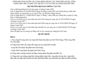 Quyết định 35/2007/QĐ-BGTVT công bố vùng nước cảng biển thuộc tỉnh Tiền Giang, Vĩnh Long, Bến Tre quản lý Cảng vụ hàng hải Mỹ Tho