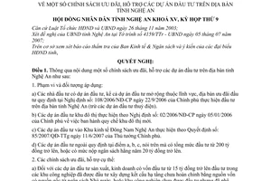 Nghị quyết 182/2007/NQ-HĐND chính sách ưu đãi, hỗ trợ các dự án đầu tư trên địa bàn tỉnh Nghệ An