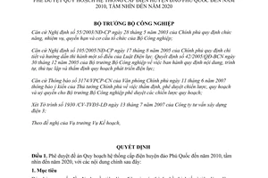 Quyết định 32/2007/QĐ-BCN phê duyệt Quy hoạch hệ thống cấp điện huyện đảo Phú Quốc đến năm 2010, tầm nhìn đến 2020