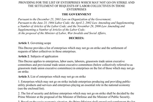 Decree No. 122/2007/ND-CP of July 27, 2007, providing for the list of enterprises which may not go on strike and the settlement of requests of labor collectives in those enterprises.