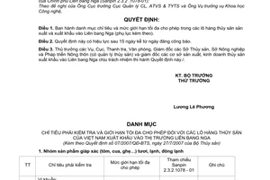 Quyết định 07/2007/QĐ-BTS mục chỉ tiêu kiểm tra mức giới hạn tối đa cho phép sản phẩm thủy sản xuất khẩu vào Liên bang Nga