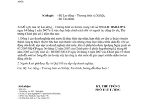 Công văn  1120/TTg-ĐMDN  thực hiện chính sách lao động dôi dư khi CPH doanh nghiệp 100% vốn nhà nước