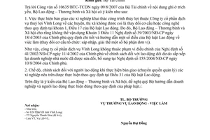 Công văn 3020/LĐTBXH-LĐVL  giải quyết chế độ  lao động dôi dư theo NĐ 41/2002/NĐ-CP  Công ty CP dịch vụ thủy lợi Vĩnh Long
