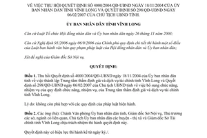 Quyết định 13/2007/QĐ-UBND thu hồi 4000/2004/QĐ-UBND 298/QĐ-UBND Trung tâm thẩm định giá Vĩnh Long