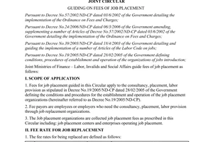 Joint circular No. 95/2007/TTLT/BTC-BLDTBXH of August 07, 2007, guiding on fees of job placement