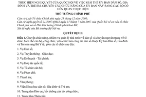 Quyết định 1001/QĐ-TTg thực hiện nghị quyết Quốc hội giải thể ủy ban dân số, gia đình trẻ em, chuyển chức năng sang các bộ liên quan