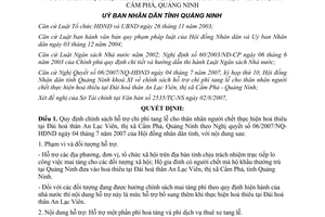 Quyết định 2856/2007/QĐ-UBND hỗ trợ chi phí tang lễ Đài hoá thân An Lạc Viên Quảng Ninh