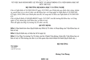 Công văn 1660/QĐ-BKHCN điều lệ tổ chức và hoạt động của Viện Khoa học sở hữu trí tuệ