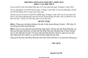 Nghị quyết 8c/2007/NQ-HĐND đặt tên đường thị trấn Tứ Hạ huyện Hương Trà đợt I 2007 Thừa Thiên Huế
