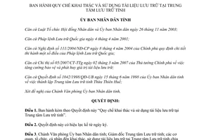 Quyết định 1781/QĐ-UBND năm 2007 Quy chế khai thác sử dụng tài liệu Trung tâm Lưu trữ Thừa Thiên Huế