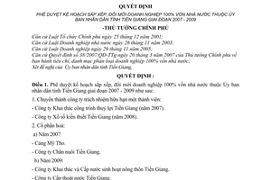 Quyết định 1053/QĐ-TTg Phê duyệt kế hoạch sắp xếp đổi mới doanh nghiệp 100% vốn nhà nước Ủy ban nhân dân tỉnh Tiền Giang giai đoạn 2007 2009