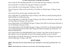 Quyết định 18/2007/QĐ-UBND quản lý vườn quốc gia Phong Nha Kẻ Bàng Quảng Bình