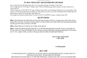 Quyết định 115/2007/QĐ-UBND trang bị quản lý kiểm tra sử dụng công cụ hỗ trợ hoạt động lực lượng trật tự viên bảo vệ du lịch thanh niên xung phong HCM
