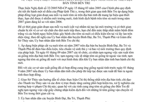 Chỉ thị 27/2007/CT-UBND thực hiện thời gian gián đoạn sau đợt nuôi tôm sú Bến Tre