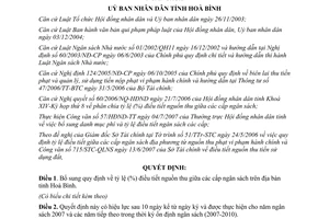 Quyết định 12/2007/QĐ-UBND tỷ lệ điều tiết nguồn thu cấp ngân sách Hòa Bình