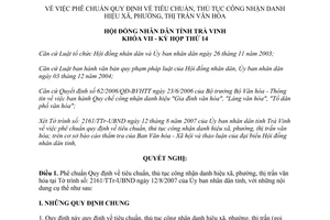 Nghị quyết 17/2007/NQ-HĐND Quy định tiêu chuẩn thủ tục công nhận danh hiệu Trà Vinh