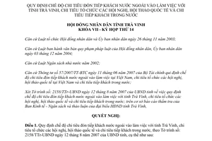 Nghị quyết 14/2007/NQ-HĐND chi tiêu đón tiếp khách nước ngoài làm việc Trà Vinh