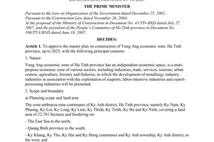 Decision No.1076/QD-TTg of August 20, 2007 approving the master plan on construction of Vung Ang economic zone, Ha Tinh province up to 2025