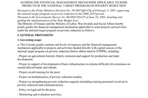 Joint Circular No. 102/2007/TTLT-BTC-BLDTBXH of August 20, 2007, guiding the financial management mechanism applicable to some projects of the national target program on poverty reduction.