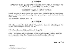 Quyết định 2127/QĐ-BVMT quy định cơ cấu tổ chức hoạt động chi cục bảo vệ môi trường khu vực Đông nam bộ