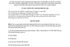 Quyết định 95/2007/QĐ-UBND hướng dẫn Quyết định 127/2007/QĐ-TTg tổ chức làm việc thứ bảy hàng tuần tiếp nhận, giải quyết thủ tục hành chính