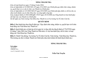 Quyết định 1798/2007/QĐ-TTCP Tổng Thanh tra Chính phủ Quy định chức năng, nhiệm vụ, quyền hạn tổ chức hoạt động Viện Khoa học Thanh tra