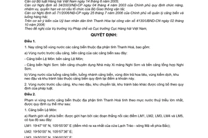 Quyết định 43/2007/QĐ-BGTVT công bố vùng nước cảng biển địa phận tỉnh Thanh Hóa khu vực quản lý Cảng vụ hàng hải Thanh Hóa
