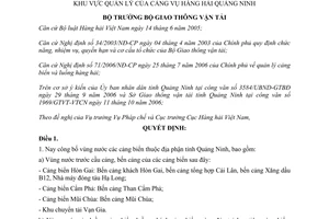 Quyết định 42/2007/QĐ-BGTVT công bố vùng nước cảng biển tỉnh Quảng Ninh khu vực quản lý Cảng vụ hàng hải Quảng Ninh