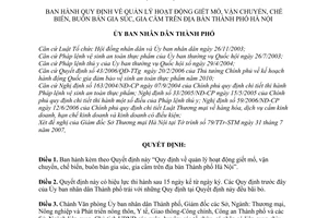Quyết định 98/2007/QĐ-UBND quy định quản lý hoạt động giết mổ vận chuyển chế biến buôn bán gia súc gia cầm thành phố Hà Nội
