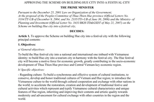 Decision No. 143/2007/QD-TTg of August 30, 2007, approving the scheme on building hue city into a festival city.