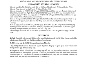 Quyết định 28/2007/QĐ-UBND mức chế độ thu, nộp, quản lý sử dụng lệ phí hộ khẩu, chứng minh nhân dân tỉnh Lạng Sơn