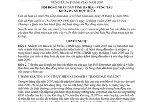 Nghị quyết 08/2007/NQ-HĐND phát triển kinh tế xã hội 6 tháng cuối 2007 Bà Rịa