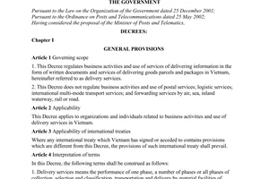 Decree of Government No.128/2007/ND-CP of August 02, 2007 on delivery services