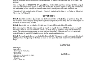 Quyết định 11/2007/QĐ-BTNMT Định mức kinh tế kỹ thuật đăng ký quyền sử dụng đất lập hồ sơ địa chính cấp Giấy chứng nhận quyền sử dụng đất