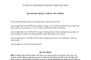 Quyết định 22/2007/QĐ-BBCVT dịch vụ dành riêng Bưu chính Việt Nam