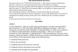 Decision No.71/2007/QD-BTC of August 06, 2007 on non-affixture of import goods stamps to 16 import items