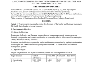 Decision No. 36/2007/QD-BCN of August 6, 2007, approving the master plan on the development of the leather and footwear industry up to 2010.