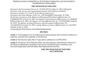 Decision No. 37/2007/QD-BCN of August 7, 2007, promulgating conditional investment domains and investment conditions in industries.