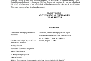 Công văn 0901/BCT-Đ mẫu dấu và chữ ký form D của Hải quan Indonesia và Singapore