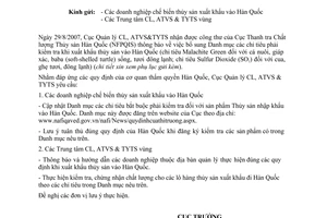 Công văn  2151/CLTY-CL bổ sung chỉ tiêu kiểm tra thủy sản xuất khẩu vào Hàn Quốc