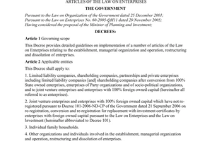 Decree of Government No.139/2007/ND-CP of September 05, 2007 providing detailed guidelines for implementation of a number of articles of The Law on Enterprises