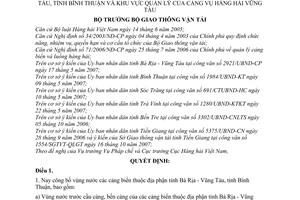 Quyết định 46/2007/QĐ-BGTVT công bố vùng nước cảng biển tỉnh Bà Rịa Vũng Tàu, tỉnh Bình Thuận khu vực quản lý Cảng vụ hàng hải Vũng Tàu