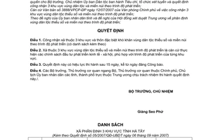 Quyết định 05/2007/QĐ-UBDT công nhận 3 khu vực vùng dân tộc thiểu số miền núi trình độ phát triển