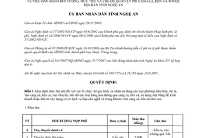Quyết định 102/2007/QĐ-UBND đối tượng mức thu chế độ quản lý phí cảng cá bến cá Nghệ An