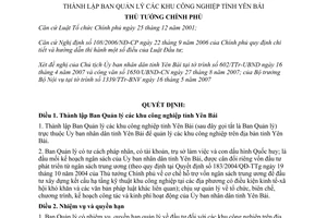 Quyết định 1165/QĐ-TTg thành lập Ban Quản lý các khu công nghiệp tỉnh Yên Bái