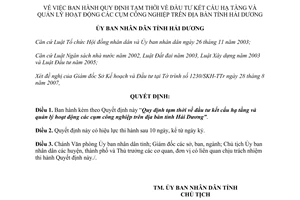 Quyết định 3194/2007/QĐ-UBND đầu tư kết cấu hạ tầng quản lý cụm công nghiệp Hải Dương