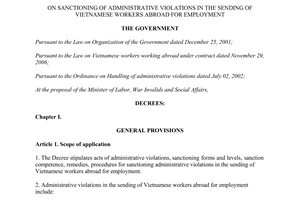 Decree No. 144/2007/ND-CP sanctioning of administrative violations Vietnamese workers abroad for employment