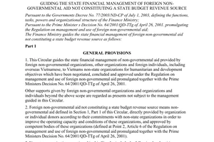 Circular No. 109/2007/TT-BTC of September 10, 2007, guiding the state financial management of foreign non-governmental aid not constituting a state budget revenue source.